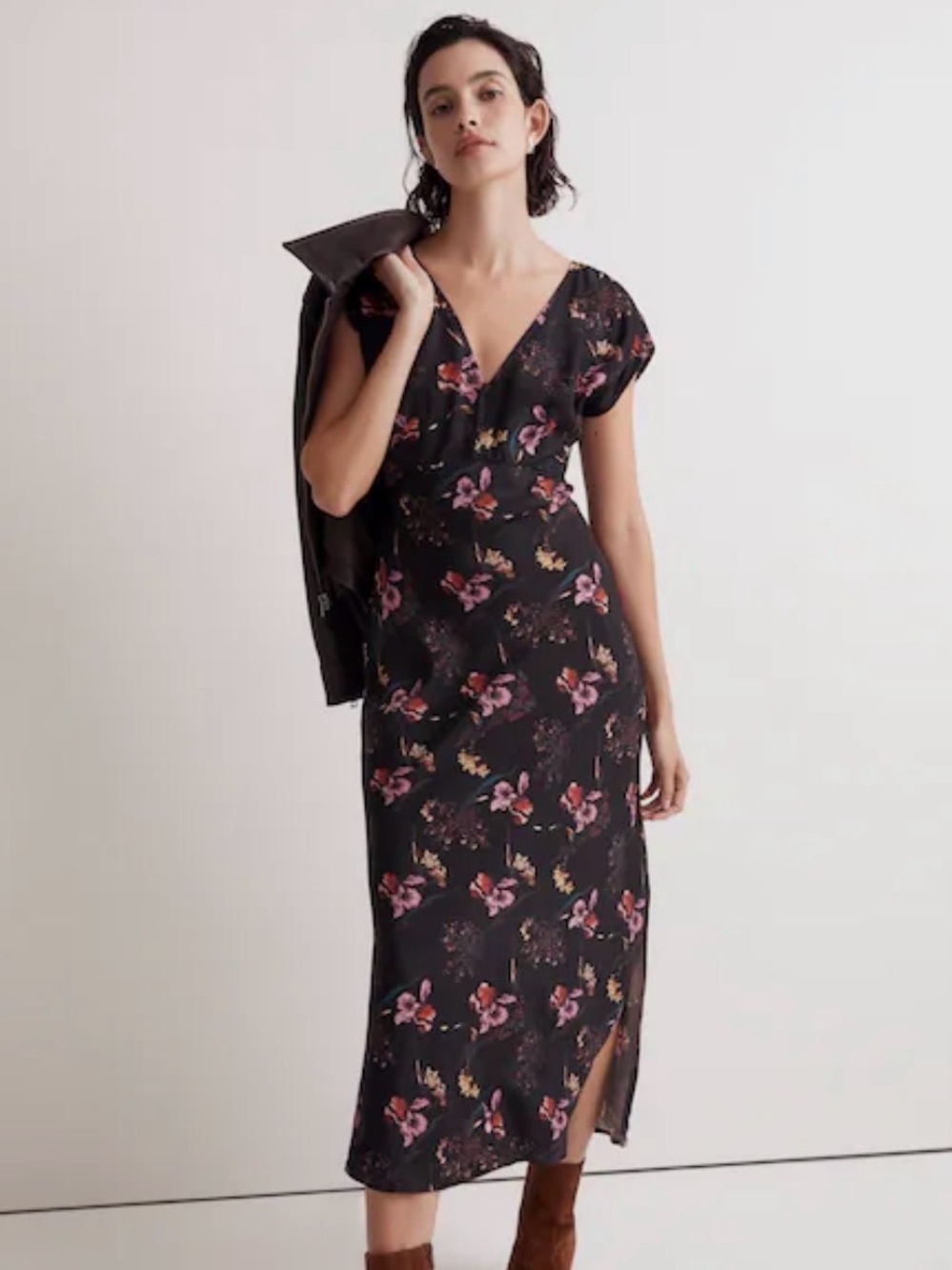 Madewell Wide V-Neck Floral Midi Dress Black Pink